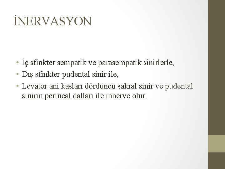 İNERVASYON • İç sfinkter sempatik ve parasempatik sinirlerle, • Dış sfinkter pudental sinir ile, İNERVASYON • İç sfinkter sempatik ve parasempatik sinirlerle, • Dış sfinkter pudental sinir ile,