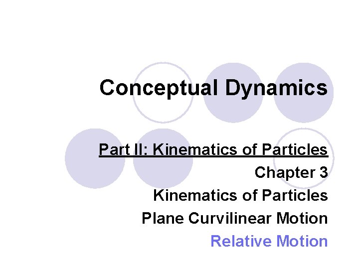 Conceptual Dynamics Part II: Kinematics of Particles Chapter 3 Kinematics of Particles Plane Curvilinear