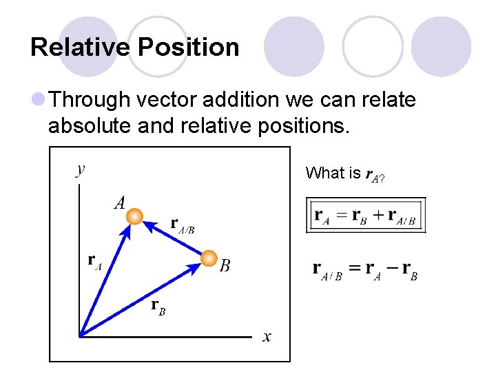 Relative Position l Through vector addition we can relate absolute and relative positions. What