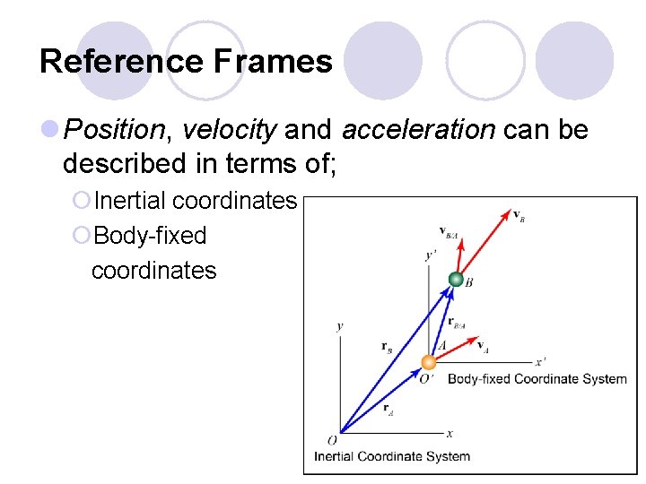 Reference Frames l Position, velocity and acceleration can be described in terms of; ¡Inertial