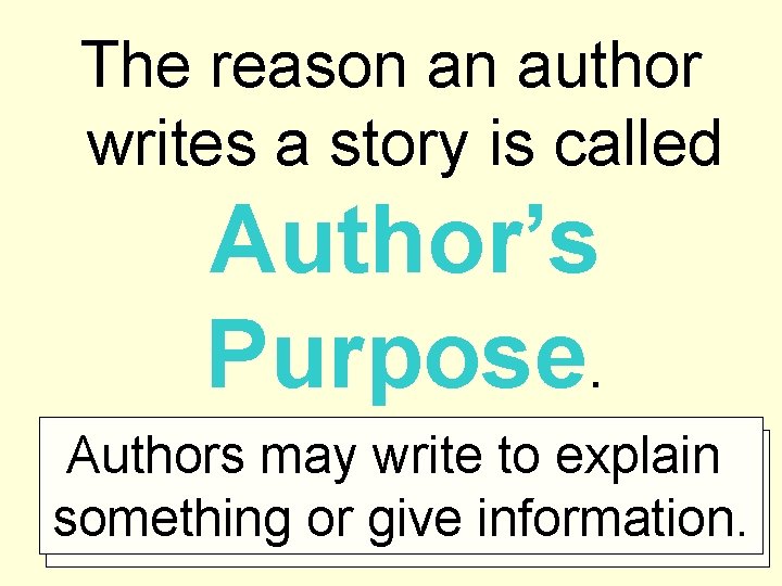 The reason an author writes a story is called Author’s Purpose. Authors may write
