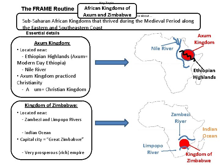 Key Topic African Kingdoms of Axum and Zimbabwe is about… Sub-Saharan African Kingdoms that