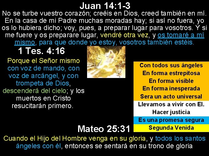 Juan 14: 1 -3 No se turbe vuestro corazón; creéis en Dios, creed también