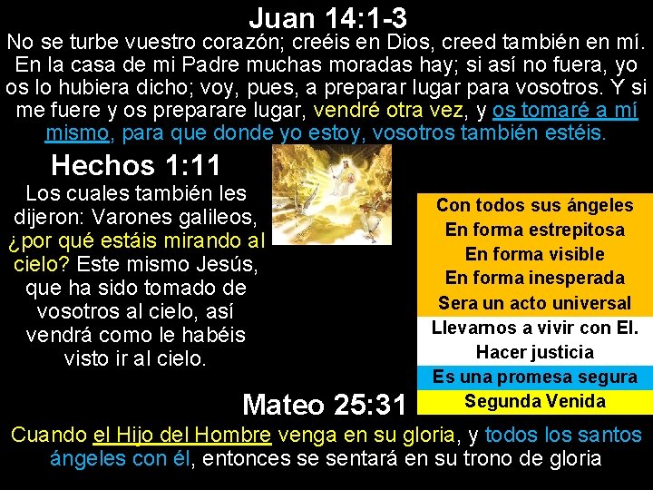 Juan 14: 1 -3 No se turbe vuestro corazón; creéis en Dios, creed también