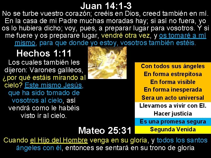 Juan 14: 1 -3 No se turbe vuestro corazón; creéis en Dios, creed también