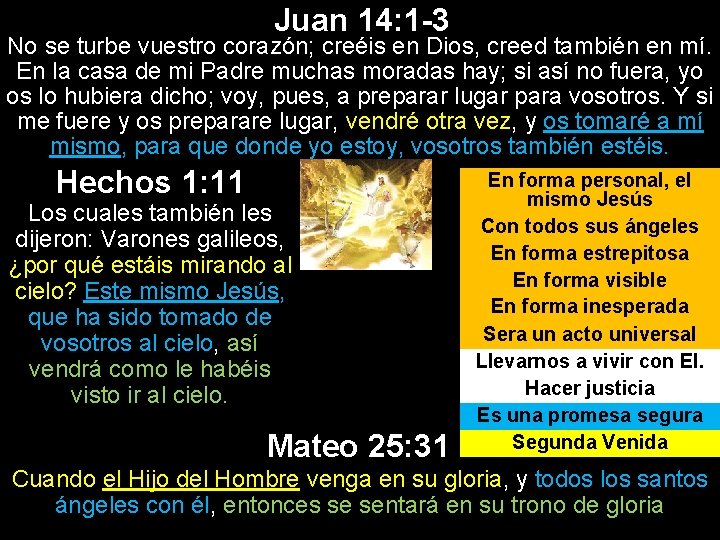 Juan 14: 1 -3 No se turbe vuestro corazón; creéis en Dios, creed también