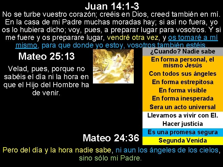 Juan 14: 1 -3 No se turbe vuestro corazón; creéis en Dios, creed también