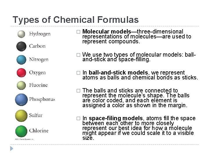 Types of Chemical Formulas � Molecular models—three-dimensional representations of molecules—are used to represent compounds.