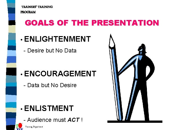 TRAINERS’ TRAINING PROGRAM GOALS OF THE PRESENTATION • ENLIGHTENMENT - Desire but No Data