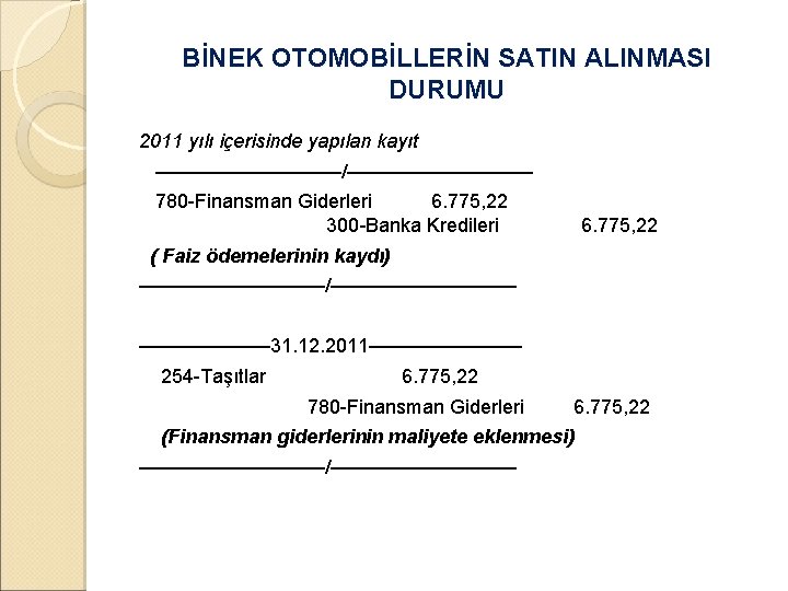 BİNEK OTOMOBİLLERİN SATIN ALINMASI DURUMU 2011 yılı içerisinde yapılan kayıt –––––––––/––––––––– 780 -Finansman Giderleri