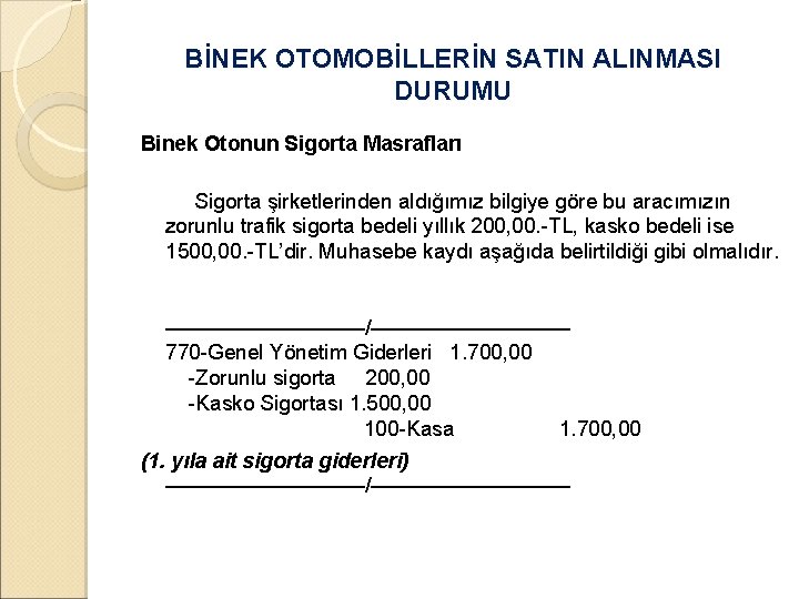 BİNEK OTOMOBİLLERİN SATIN ALINMASI DURUMU Binek Otonun Sigorta Masrafları Sigorta şirketlerinden aldığımız bilgiye göre