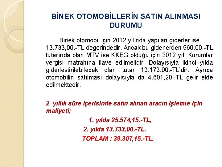 BİNEK OTOMOBİLLERİN SATIN ALINMASI DURUMU Binek otomobil için 2012 yılında yapılan giderler ise 13.