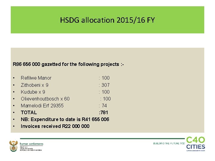 HSDG allocation 2015/16 FY R 86 656 000 gazetted for the following projects :