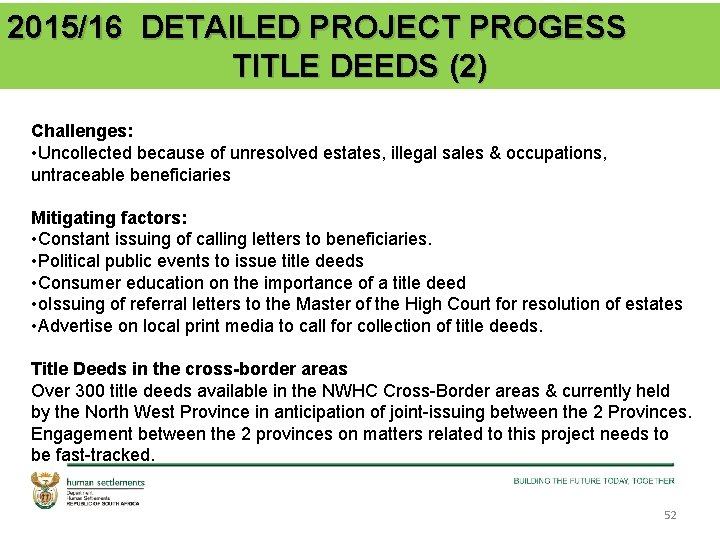 2015/16 DETAILED PROJECT PROGESS TITLE DEEDS (2) Challenges: • Uncollected because of unresolved estates,