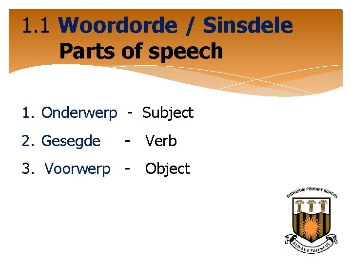 1. 1 Woordorde / Sinsdele Parts of speech 1. Onderwerp - Subject 2. Gesegde