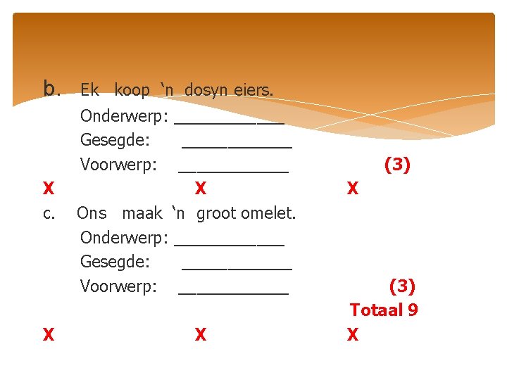 b. Ek koop ‘n dosyn eiers. X c. Onderwerp: ______ Gesegde: ______ Voorwerp: ______