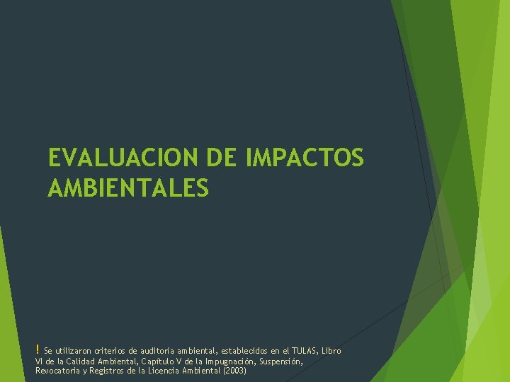 EVALUACION DE IMPACTOS AMBIENTALES ! Se utilizaron criterios de auditoría ambiental, establecidos en el