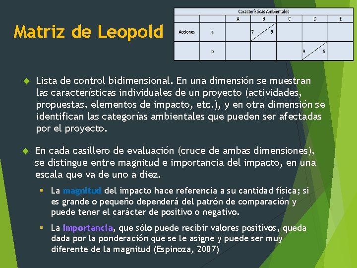 Matriz de Leopold Lista de control bidimensional. En una dimensión se muestran las características