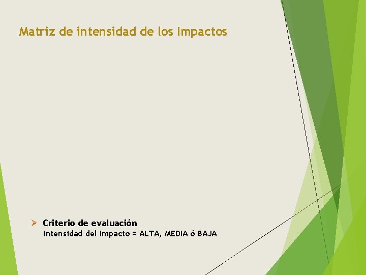 Matriz de intensidad de los Impactos Ø Criterio de evaluación Intensidad del Impacto =