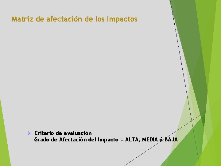 Matriz de afectación de los Impactos Ø Criterio de evaluación Grado de Afectación del