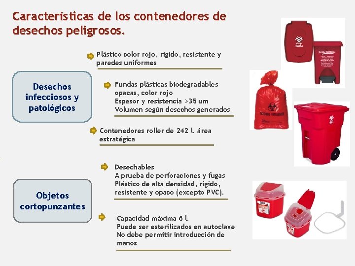 Características de los contenedores de desechos peligrosos. Plástico color rojo, rígido, resistente y paredes