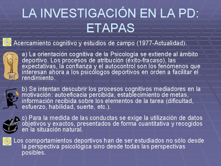 LA INVESTIGACIÓN EN LA PD: ETAPAS Acercamiento cognitivo y estudios de campo (1977 -Actualidad).