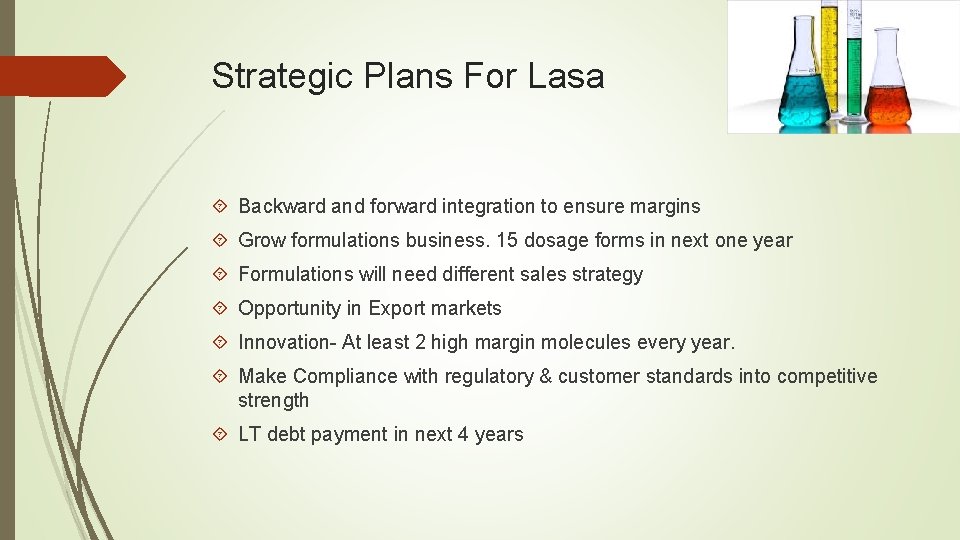 Strategic Plans For Lasa Backward and forward integration to ensure margins Grow formulations business.