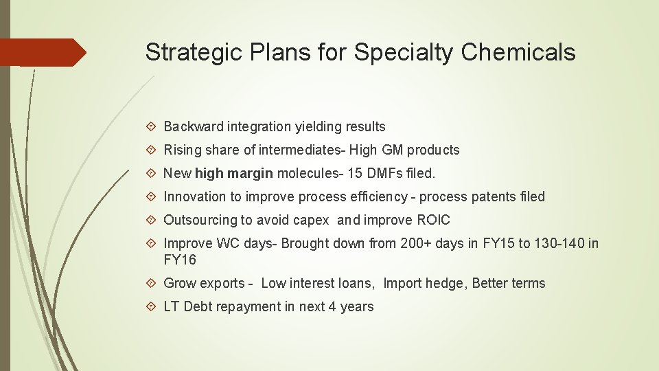 Strategic Plans for Specialty Chemicals Backward integration yielding results Rising share of intermediates- High