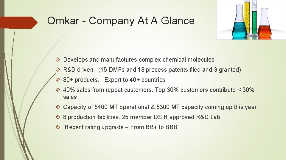Omkar - Company At A Glance Develops and manufactures complex chemical molecules R&D driven