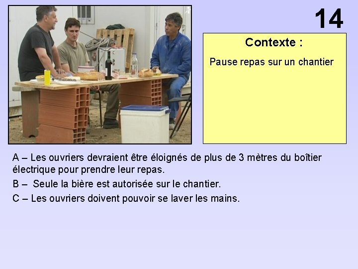 14 Contexte : Pause repas sur un chantier A – Les ouvriers devraient être