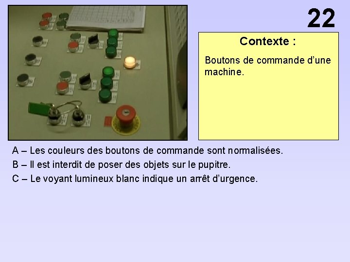 22 Contexte : Boutons de commande d’une machine. A – Les couleurs des boutons