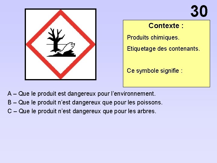 30 Contexte : Produits chimiques. Etiquetage des contenants. Ce symbole signifie : A –