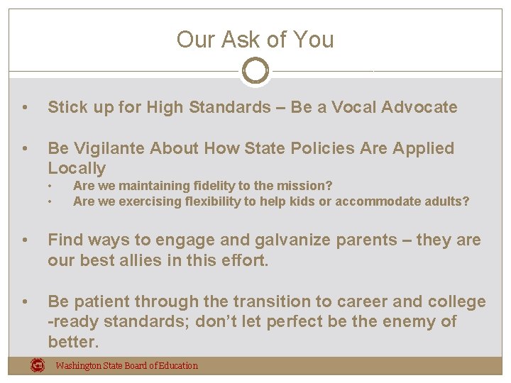 Our Ask of You • Stick up for High Standards – Be a Vocal