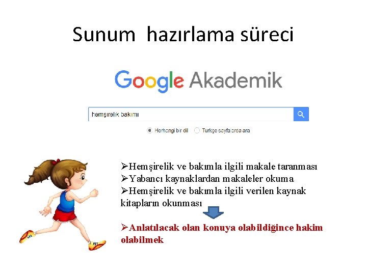 Sunum hazırlama süreci ØHemşirelik ve bakımla ilgili makale taranması ØYabancı kaynaklardan makaleler okuma ØHemşirelik