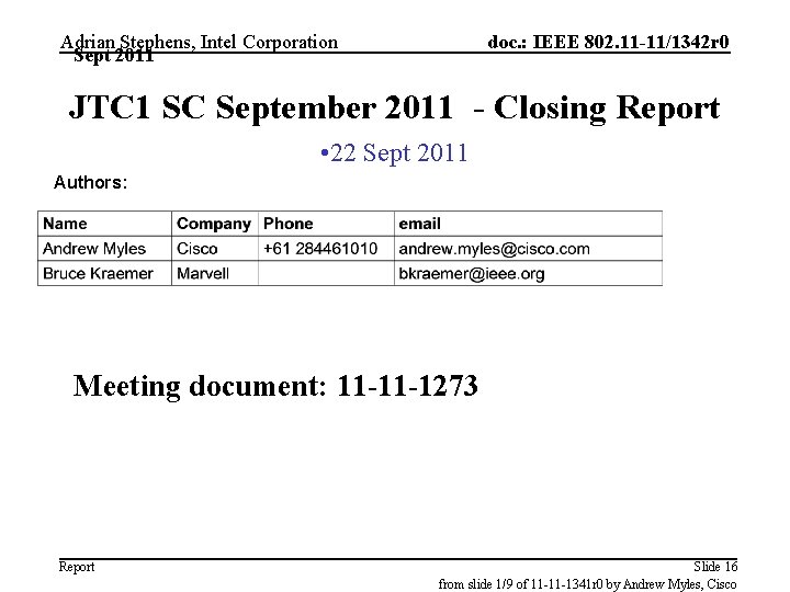 Adrian Stephens, Intel Corporation Sept 2011 doc. : IEEE 802. 11 -11/1342 r 0