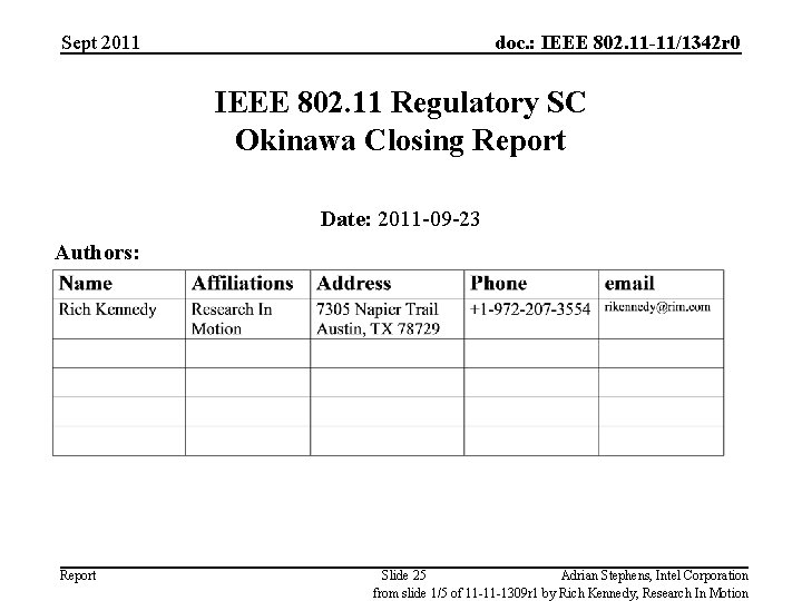 Sept 2011 doc. : IEEE 802. 11 -11/1342 r 0 IEEE 802. 11 Regulatory