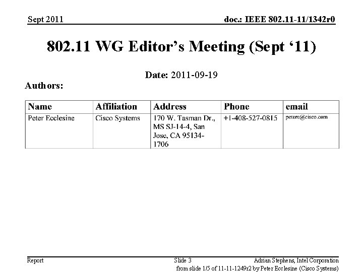 Sept 2011 doc. : IEEE 802. 11 -11/1342 r 0 802. 11 WG Editor’s