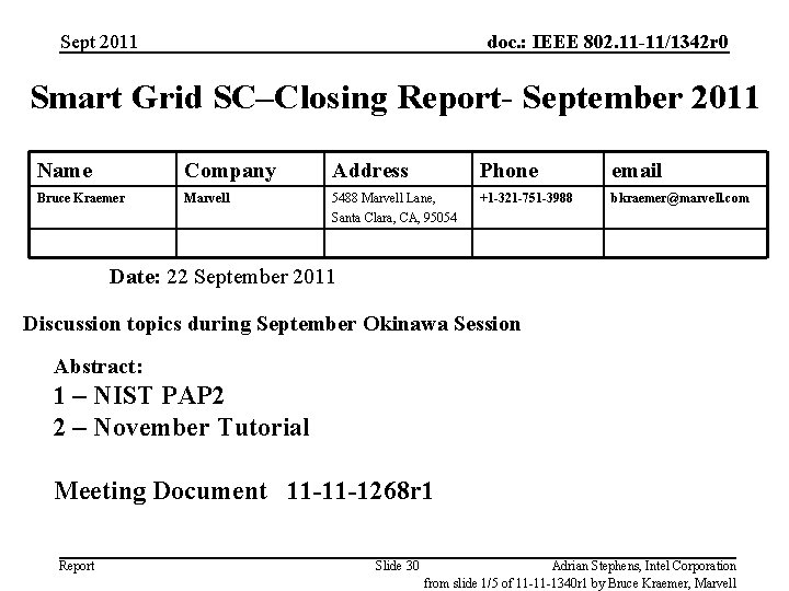 Sept 2011 doc. : IEEE 802. 11 -11/1342 r 0 Smart Grid SC–Closing Report-