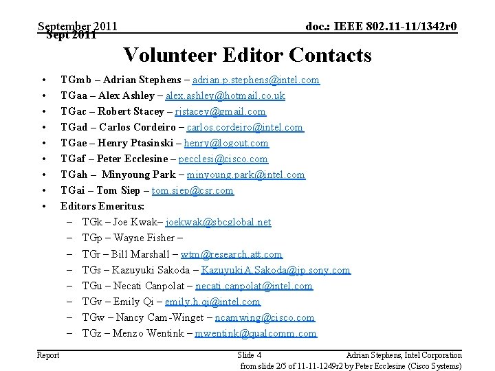 September 2011 Sept 2011 doc. : IEEE 802. 11 -11/1342 r 0 Volunteer Editor