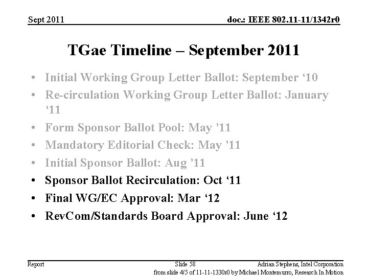 Sept 2011 doc. : IEEE 802. 11 -11/1342 r 0 TGae Timeline – September