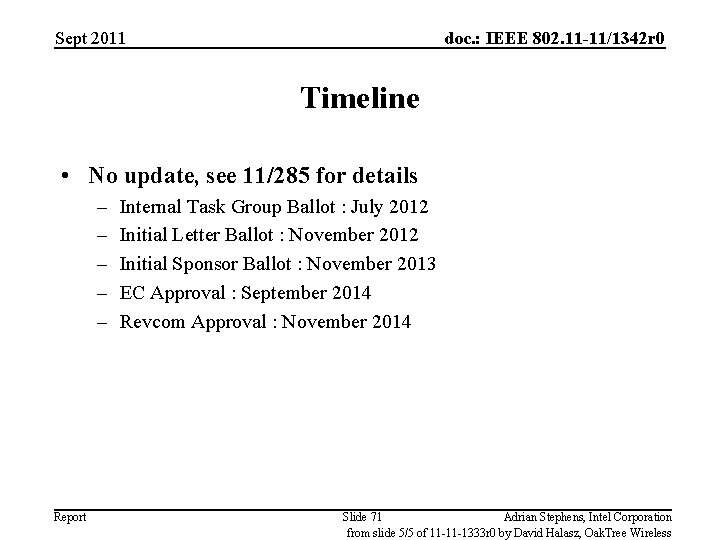 Sept 2011 doc. : IEEE 802. 11 -11/1342 r 0 Timeline • No update,