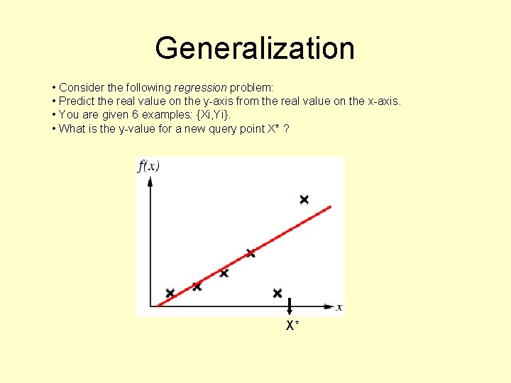 Generalization • Consider the following regression problem: • Predict the real value on the