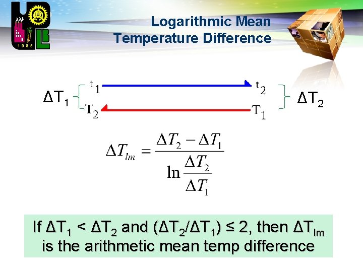 LOGO ΔT 1 Logarithmic Mean Temperature Difference ΔT 2 If ΔT 1 < ΔT