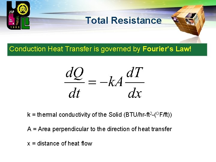 LOGO Total Resistance Conduction Heat Transfer is governed by Fourier’s Law! k = thermal