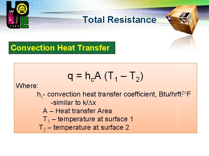 LOGO Total Resistance Convection Heat Transfer q = hc. A (T 1 – T