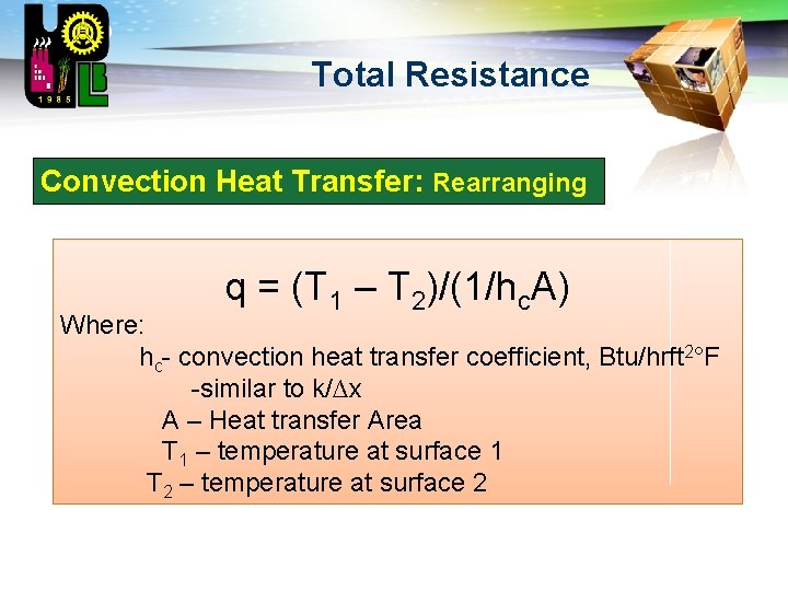 LOGO Total Resistance Convection Heat Transfer: Rearranging q = (T 1 – T 2)/(1/hc.