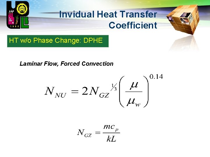 LOGO Invidual Heat Transfer Coefficient HT w/o Phase Change: DPHE Laminar Flow, Forced Convection