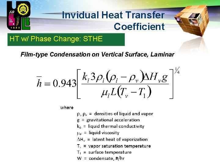 LOGO Invidual Heat Transfer Coefficient HT w/ Phase Change: STHE Film-type Condensation on Vertical