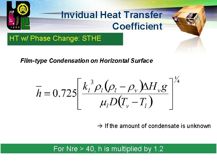 LOGO Invidual Heat Transfer Coefficient HT w/ Phase Change: STHE Film-type Condensation on Horizontal