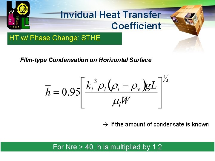 LOGO Invidual Heat Transfer Coefficient HT w/ Phase Change: STHE Film-type Condensation on Horizontal